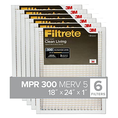 Filtrete 18x24x1 Air Filter, MPR 300, MERV 5, Clean Living Basic Dust 3-Month Pleated 1-Inch Air Filters, 6 Filters