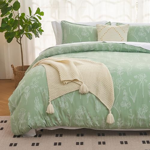 Litanika King Size Comforter Set Sage Green, Lightweight Bedding Comforter Sets, Soft Floral Bed Gift Choice Cute Flowers Botanical(1 Comforter, 2 Pillowcases)