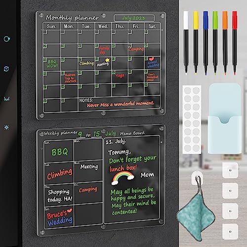 Magnetic Acrylic Calendar for Fridge,2 Pack 12'x16' Clear Fridge Calendar Dry Erase Magnetic Planning Boards Set Includes 6 Colorful Highlight Markers,Magnetic Pen Holder and Erase Towel