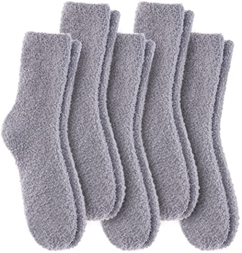 LANLEO 5/6 Pairs Womens Super Soft Fuzzy Plush Warm Winter Home Sleeping Slipper Socks 5 Pairs Solid Gray