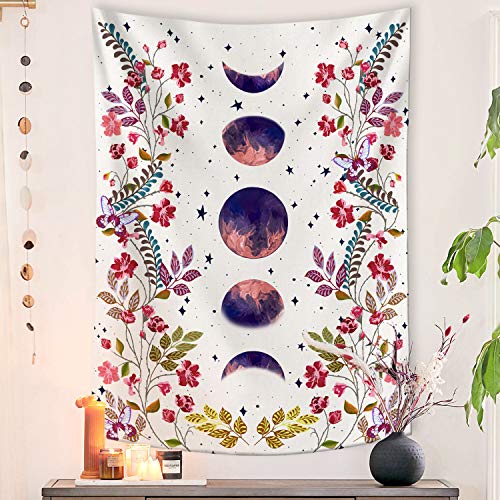 Lifeel Moonlit Garden Tapestry, Moon Phase Surrounded by Vines and Flowers White Wall Decor Tapestry 36×48 inches