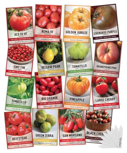 Tomato Seeds for Planting 16 Variety Pack Heirloom Tomato Seeds, Tiny Tim, Cherry Tomato Seeds, Beefsteak Seeds, Roma Tomato Seeds, Determinate and Indeterminate and More, Non GMO Gardeners Basics