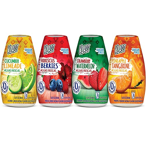 Liquid Water Enhancer Variety Pack | Klass Aguas Frescas | Sugar Free - Flavors: Cucumber Limeade Strawberry Watermelon Hibiscus Berries & Pineapple Tangerine | 1.62 Fl Oz, (Pack of 4 Makes 24 servings each)