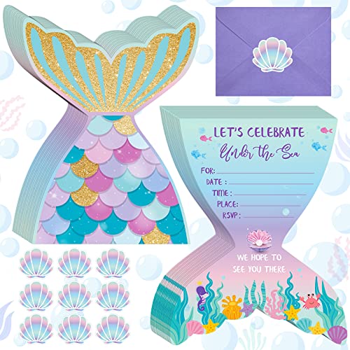 Hotop 24 Sets Mermaid Birthday Invitations with Envelopes and Mermaid Stickers Glitter Mermaid Invitations for Kids Birthday Party Baby Shower Mermaid Themed Party Supplies Pool Party