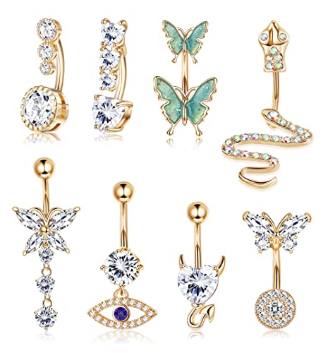 LOLIAS 14G Belly Button Rings Dangle Cute Gold Plated Snake Evil Eye Heart Clear CZ Butterfly Belly Button Rings for Women Belly Piercing Pack,Gold Tone