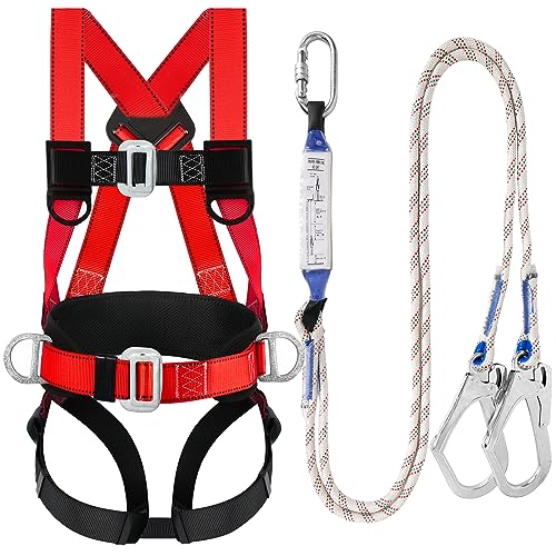 TT TRSMIMA Safety Harness Fall Protection Kit - Full Body Roofing harnesses with Shock Absorbing Lanyard Updated Waist Paded (red)
