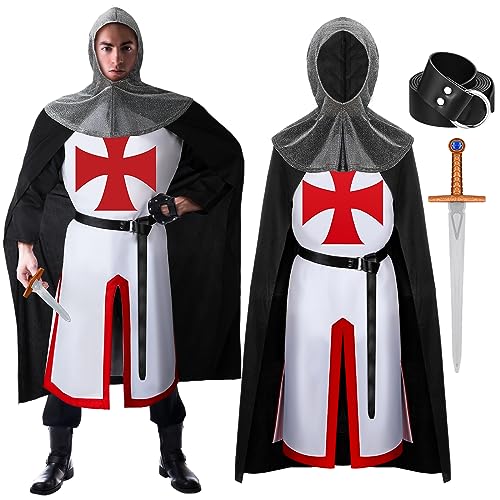 ramede 5 Pcs Medieval Knight Templar Costume Warrior Sword Robe Cloak Belt Chainmail Hood for Cosplay(Large)