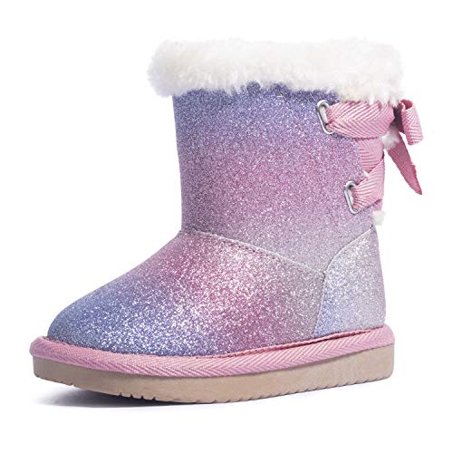 KRABOR Girls Glitter Snow Boots Cotton Lining Warm Winter Non~Slip Shoes with Cute Bow for Toddlers/Little Kid (Pink Size 10)
