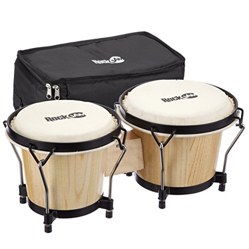 RockJam 7' and 8' Bongo Drum Set with Padded Bag and Tuning Key, Natural