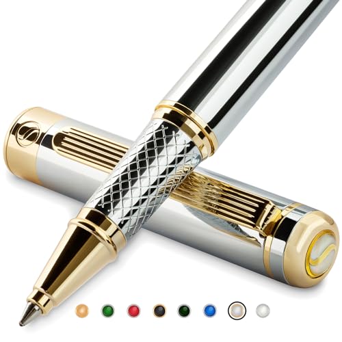 Scriveiner Silver Chrome Rollerball Pen - Stunning Luxury Pen with 24K Gold Finish, Schmidt Ink Refill, Best Roller Ball Pen Gift Set for Men & Women, Professional, Executive Office, Nice, Fancy Pens