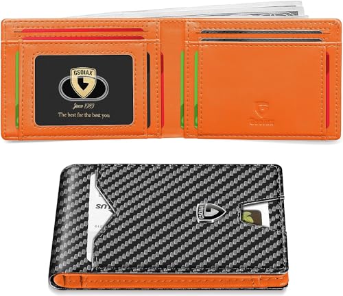 GSOIAX Slim Wallet for Men with 11 card Slots Rfid Blocking Carbon Fiber wallets Bifold Credit Card Holder Minimalist Leather With Gift Box (Carbon Black and Orange)