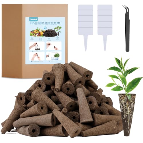 GoorDik 100 Pack Grow Sponges, Replacement Root Growth Sponges Seed Pods Compatible with AeroGarden, Seed Starter Sponges Kit with 10 Plant Labels and 1 Tweezers for Hydroponic Indoor Garden System
