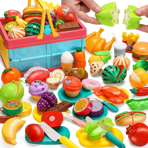 100 PCS Cutting Play Food Set For Kid Kitchen, Storage Basket with Vegetable & Fruit Toy For Toddler Boy Girl, Fake Food Accessories Toys for Birthday Christmas Gift, Pretend Cooking Playset for Child