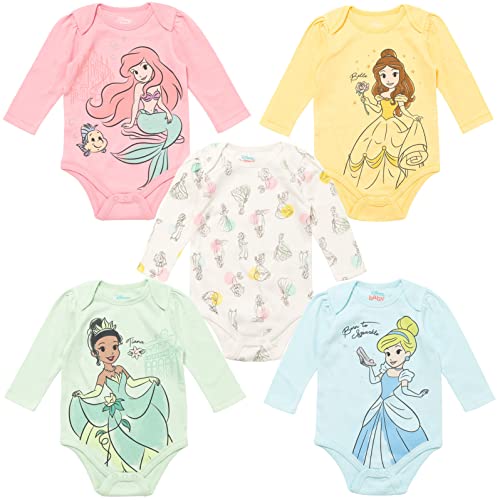 Disney Princess Ariel Belle Cinderella Newborn Baby Girls 5 Pack Bodysuits blue/green/Pink/White/Yellow 6-9 Months