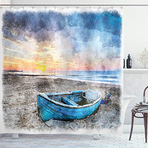 Ambesonne Sunrise Shower Curtain, Fishing Boat on Beach with Horizon on Backdrop Seashore Grunge Watercolor Print, Cloth Fabric Bathroom Decor Set with Hooks, 69' W x 75' L, Orange Blue