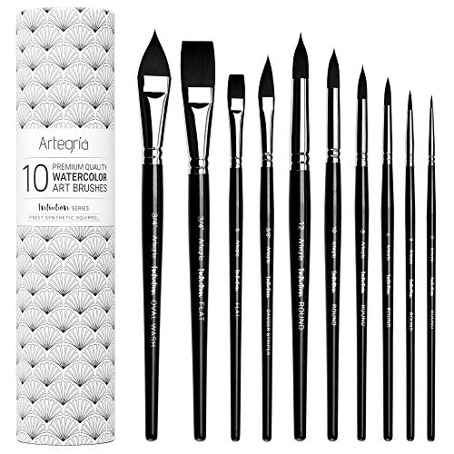 ARTEGRIA Watercolor Brush Set - 10 Professional Watercolor Paint Brushes for Artists - Soft Synthetic Squirrel Hair, Short Handles: Pointed Rounds, Flats, Dagger, Oval Wash for Water Color, Gouache