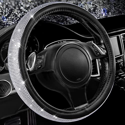 CAR PASS Bling Diamond Leather Steering Wheel Cover, with Sparkly Crystal Glitter Rhinestones Universal Fit 14' 1/2-15' Car Wheel Protector for Women Girl Fit Suvs,Vans,Sedans,Car,Trucks, Silver