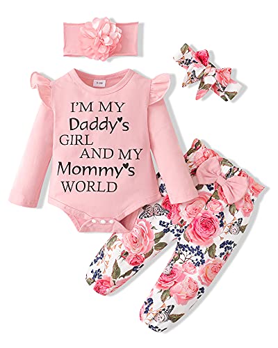 SUNNY PIGGY Baby Girl Clothes Newborn Outfit Infant Winter Fall Letter Print Flower Pants Set Long Sleeve Romper Baby Girl's Clothing with Headband 3-6 Months Pink 4PCS