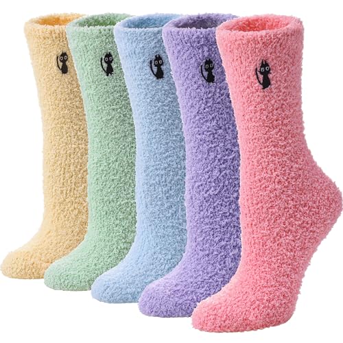 MQELONG Womens Super Soft Fuzzy Cozy Home Sleeping Socks Microfiber Winter Warm Slipper Socks (5 Pairs Cat)