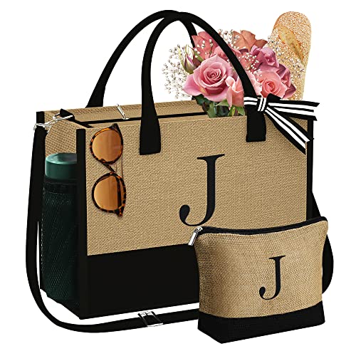 YOOLIFE Gifts for Women - Beach Initial J Tote Bag w Makeup Bag Shower Wedding Gifts Embroidery Monogram Beach Tote Bag for Wife Step Mom Sister Mom Mothers Day Birthday Gifts for Women Teacher