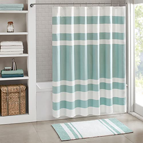 Madison Park Shower Curtain Waffle Weave Striped Pieced Design Fabric Shower Curtains for Bathroom with 3M Scotchgard Moisture Management Premium Spa Quality Modern Standard 72'x72' Aqua