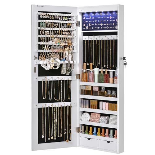 SONGMICS Hanging Jewelry Cabinet, Wall-Mounted Cabinet with LED Interior Lights, Door-Mounted Jewelry Organizer, Full-Length Mirror, Gift Idea, White UJJC99WT