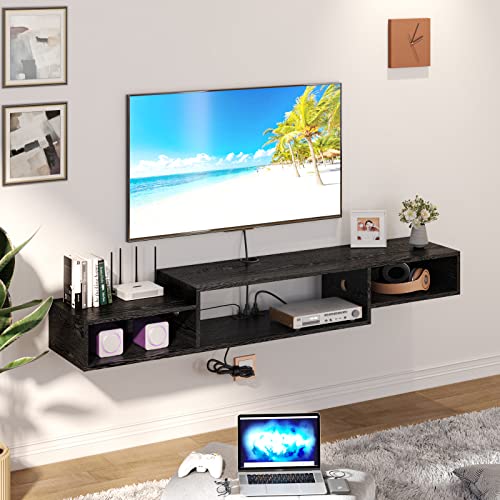 4 EVER WINNER Floating TV Stand Wall Mounted with Power Outlet, 59” Floating Entertainment Shelf Under TV with LED Lights, Floating TV Shelves Media Console Cabinet for Gaming Box Audio Video, Black