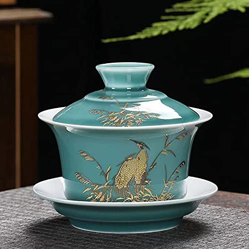 gaiwan, tea mug with saucer and lid, Porcelain,8oz（Heron）, Green