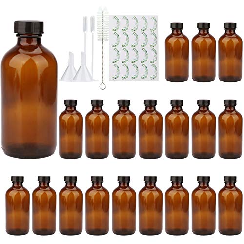 COMUDOT 8oz Durable Glass Bottle, Reusable Glass Bottles with Airtight Lid for Shampoo, Conditioner, Essential Oils, Set of 20 (Brown)