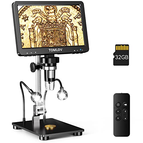TOMLOV DM9 Pro 7' HDMI Digital Microscope 1200X with IPS Screen, 1080P 16MP Coin Microscope Magnifier for Entire Coin View, LCD Soldering Microscope for Adult, 10 LED Lights, PC/TV Compatible, 32GB