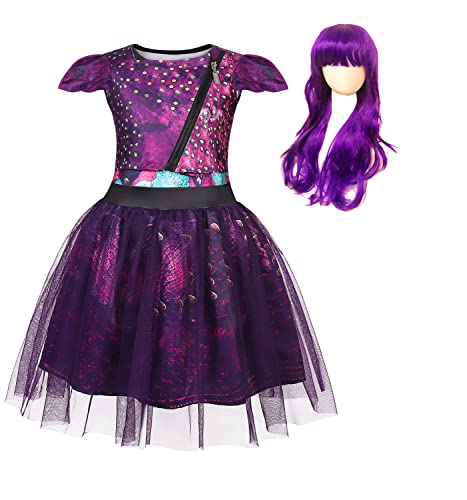 HenzWorld Descendants Costume Girls Mal Dress Birthday Party Tulle Princess Dresses Cosplay Popular Musical Outfit with Wig Kids Size 6(Purple, 5-6 Years, 120)
