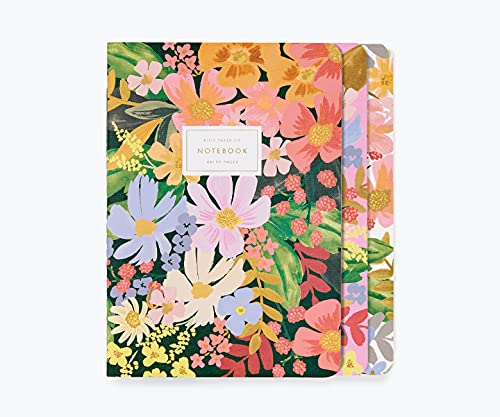 RIFLE PAPER CO. Marguerite Stitched Notebook Set, 8.5' L x 6' W, Set Of 3 Notebooks, 64 Ruled Pages With Gold Ink, Canvas Paper Cover With White Text Paper Interior