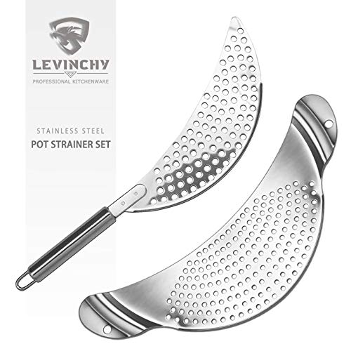 LEVINCHY 2 Pieces Pot Strainer Set Stainless Steel Strainers Set, Easy Draining Durable Dishwasher Safe, Work for All Cooking Kitchenware, Noodles Pasta Fruit Veggies Food Strainers