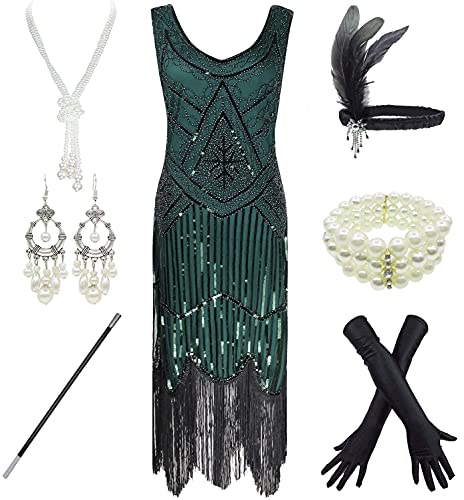 1920s Gatsby Sequin Fringed Paisley Flapper Dress with 20s Accessories Set (L, Green)