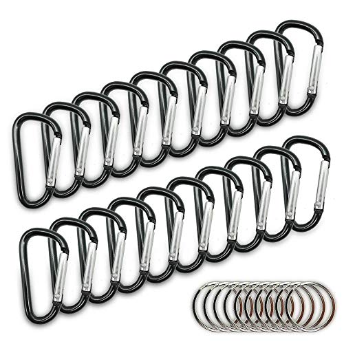 20PCS Mini 1.85'/4.7CM Aluminum Carabiners with 10PCS Nickel Metal Key Rings Lightweight D Shape Keychain Clips Small Multipurpose Carabiner Buckles for Indoor Outdoor Use