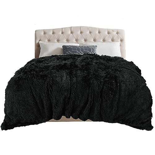 TOONOW Extra Soft Fuzzy Faux Fur Blanket Queen Size 78'x90', Reversible Lightweight Decorative Blankets and Throws Super Soft Cozy Microfiber Fleece Fuzzy Blankets for Couch Bed, Black