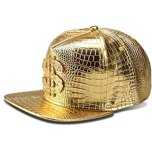 Hip Hop Hat,Flat-Brimmed Hat,Rock Cap,Adjustable Snapback Hat for Men and Women (Gold)