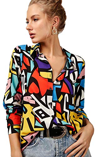 Blouses for Women Fashion, Casual Long Sleeve Button Down Shirts Tops, XS-3XL (Red Yellow Mix Colors, X-Small)