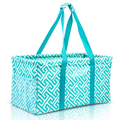 Lucazzi Extra Large Utility Tote Bag - Oversized Collapsible Reusable Wire Frame Rectangular Canvas Basket With Two Exterior Pockets For Beach, Pool, Laundry, Car Trunk, Storage - Geometric Teal