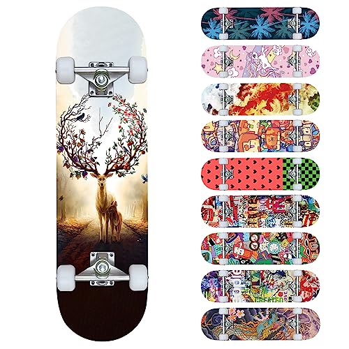 Skateboards for Beginners, 32'X8' Inch Standard Complete Skateboard for Adults Youths Teens Kids Girls Boys 8 Layer Canadian Maple Double Kick Concave with Skate Tool (Deer)