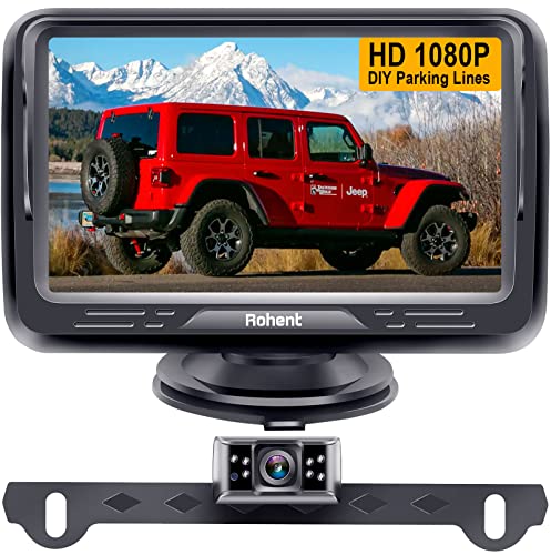 Rohent Backup Camera Monitor HD 1080P Night Vision Waterproof Car Truck License Plate Back Up Rear View Reverse Cam Kit DIY Gridlines R1