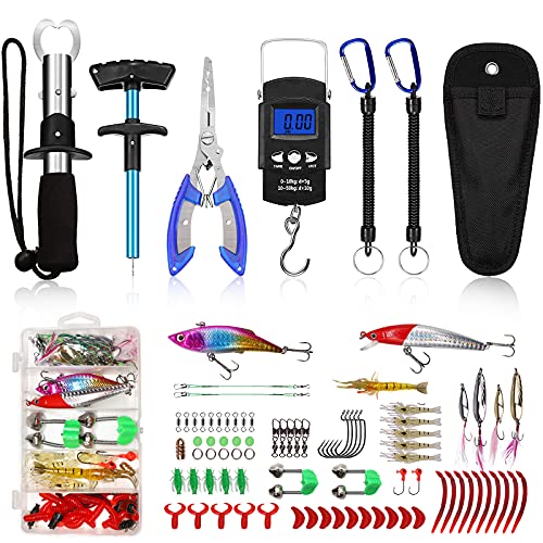 Fishing Tool Kit for Beginners, Fishing Pliers with Sheath, Fish Hook Remover Tool, Fish Lip Gripper, Digital Fish Scale, 2 Fishing Lanyards and Fishing Lures, Fishing Gear Kit, Tackle Accessories