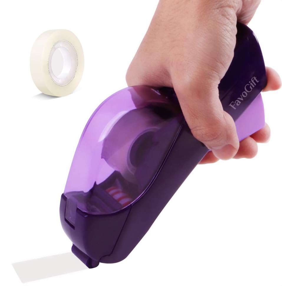 FavoGift Handheld Packaging Tape Dispenser Gun with Auto Cutter - One-Handed, Safe & Convenient, No Batteries Needed, Compatible with 1/2'' to 3/4'' Tape, Includes 1 Free Tape Roll, Purple Design