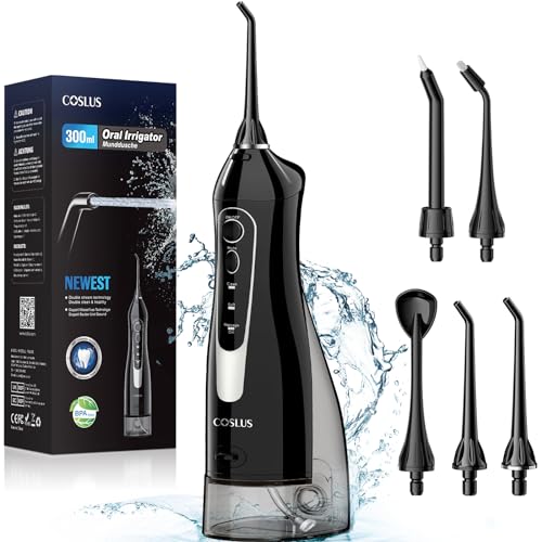 COSLUS Water Dental Flosser Teeth Pick: Portable Cordless Oral Irrigator 300ML Rechargeable Travel Irrigation Cleaner IPX7 Waterproof Electric Waterflosser Flossing Machine for Teeth Cleaning F5020E