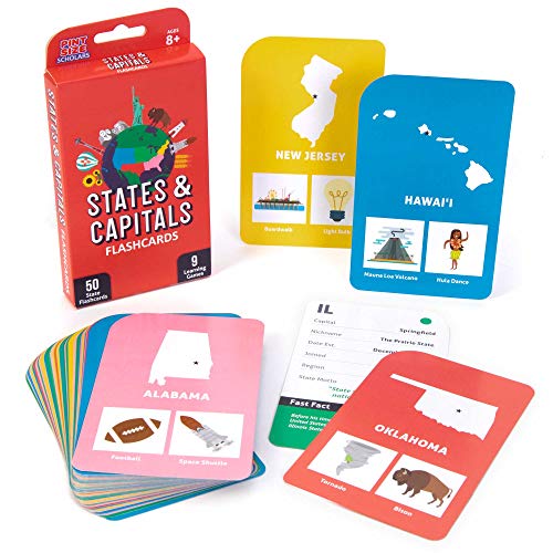 States & Capitals Flash Cards for Kids – 50 American State Cards + 9 Learning Games – USA Facts, Capitals, Nicknames, Geography, History, Mottos & Trivia – Memorization, Studying & Teaching Tool