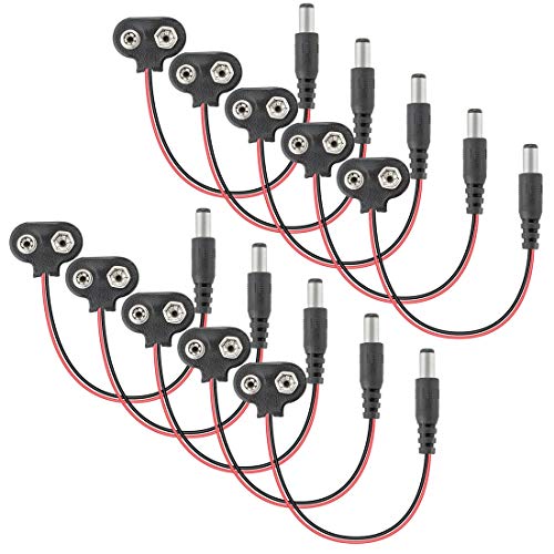 9v Battery Clip with DC 5.5mm x2.1mm Plug, 10PCS 9v Battery Adapter for Arduino T Type