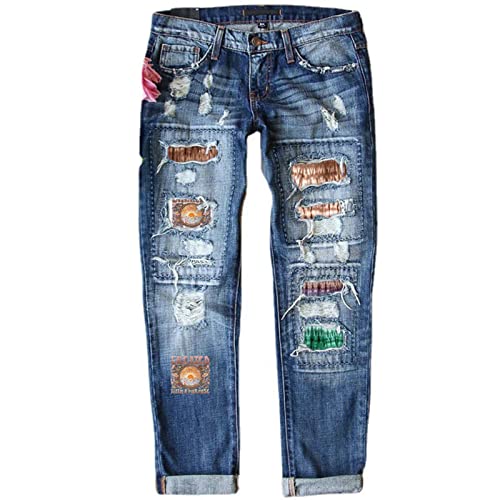 iLUGU Womens Denim Trousers Straight Leg Pants Ripped Print Mid Waist Straight Jeans Jean Shorts for Women Plus Size