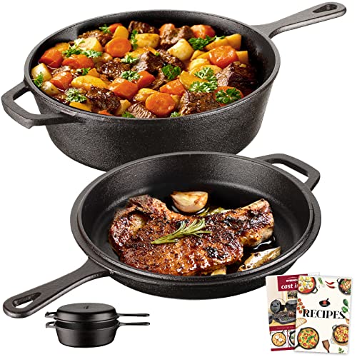 Overmont Cast Iron Dutch Oven with dual use Skillet lid for Oven, Induction, Electric, Grill, Stovetop, (3.2QT Pot, 10.5 inches)