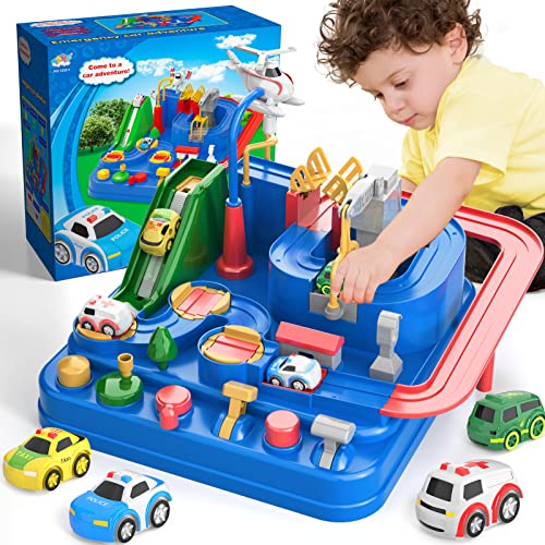 Lucky Doug Race Car Tracks for Boys, Rescue Adventure Toys with 4 Mini 6 Buttons 3 5 Years Old Toddlers Boys Girls, Manually Operated Playset Education Kids Age 3+