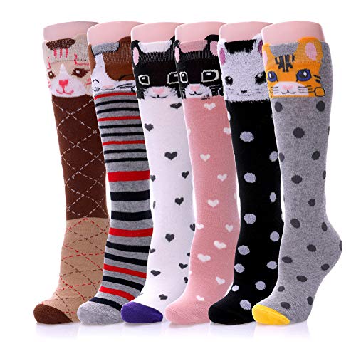 Color City Girls Socks Knee High Stockings Cartoon Animal Warm Cotton Socks (6 Pairs Cat)